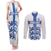 Custom England Fooball Couples Matching Tank Maxi Dress and Long Sleeve Button Shirt The Three Lions Blue Version