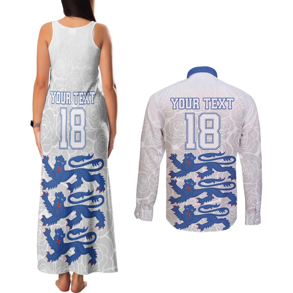 Custom England Fooball Couples Matching Tank Maxi Dress and Long Sleeve Button Shirt The Three Lions Blue Version