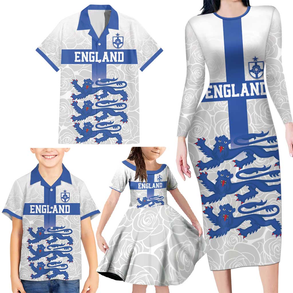 Custom England Fooball Family Matching Long Sleeve Bodycon Dress and Hawaiian Shirt The Three Lions Blue Version