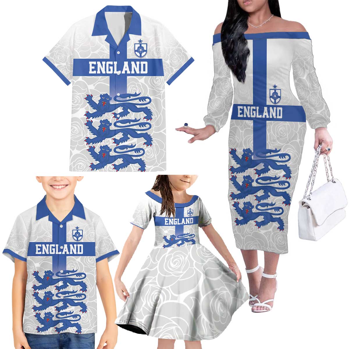 Custom England Fooball Family Matching Off The Shoulder Long Sleeve Dress and Hawaiian Shirt The Three Lions Blue Version