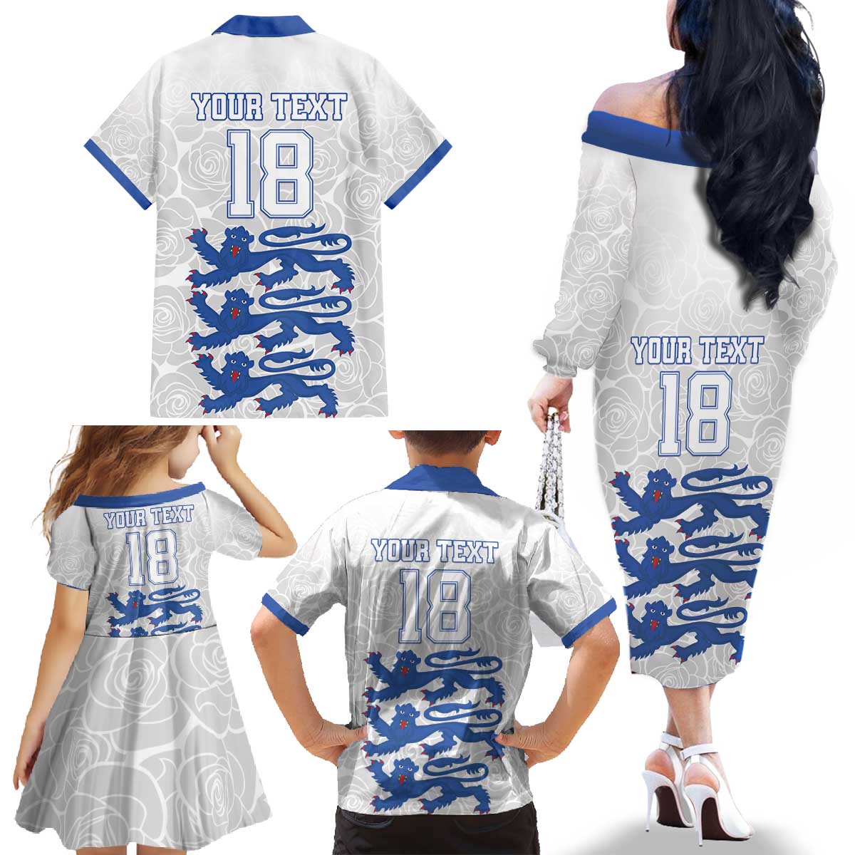 Custom England Fooball Family Matching Off The Shoulder Long Sleeve Dress and Hawaiian Shirt The Three Lions Blue Version