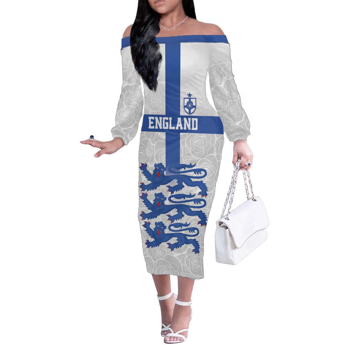 Custom England Fooball Family Matching Off The Shoulder Long Sleeve Dress and Hawaiian Shirt The Three Lions Blue Version