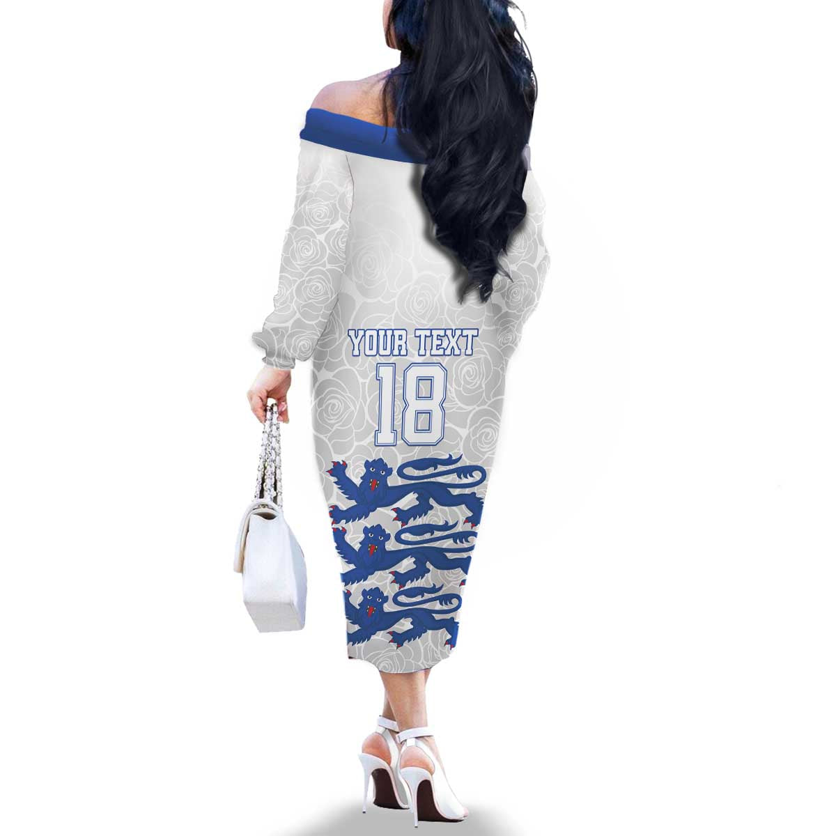 Custom England Fooball Family Matching Off The Shoulder Long Sleeve Dress and Hawaiian Shirt The Three Lions Blue Version