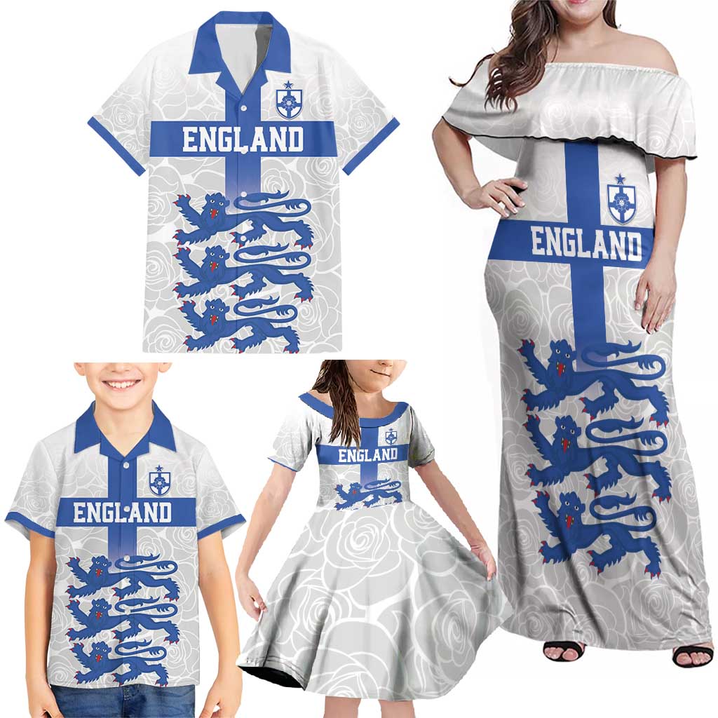 Custom England Fooball Family Matching Off Shoulder Maxi Dress and Hawaiian Shirt The Three Lions Blue Version