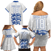 Custom England Fooball Family Matching Off Shoulder Short Dress and Hawaiian Shirt The Three Lions Blue Version