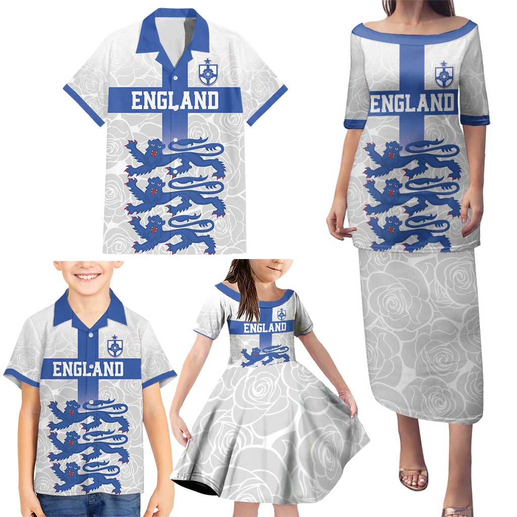 Custom England Fooball Family Matching Puletasi and Hawaiian Shirt The Three Lions Blue Version