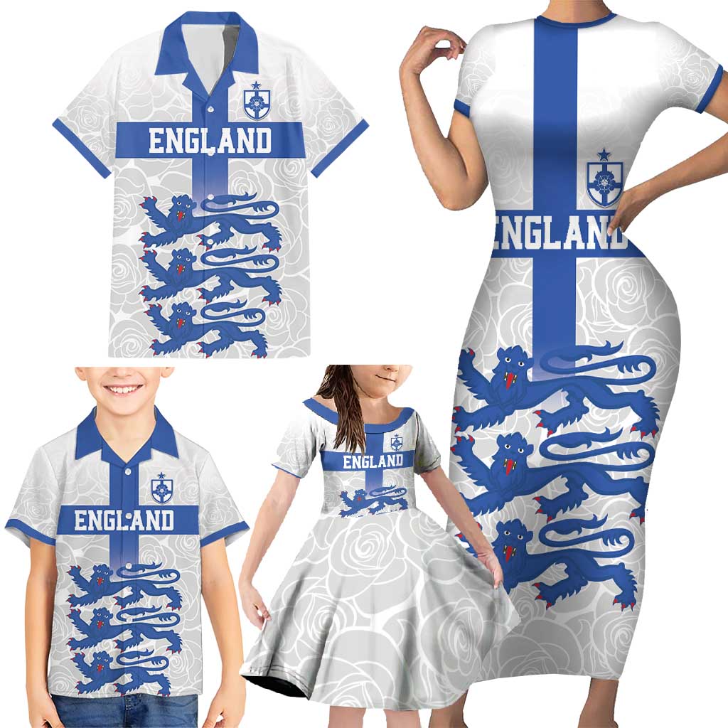 Custom England Fooball Family Matching Short Sleeve Bodycon Dress and Hawaiian Shirt The Three Lions Blue Version