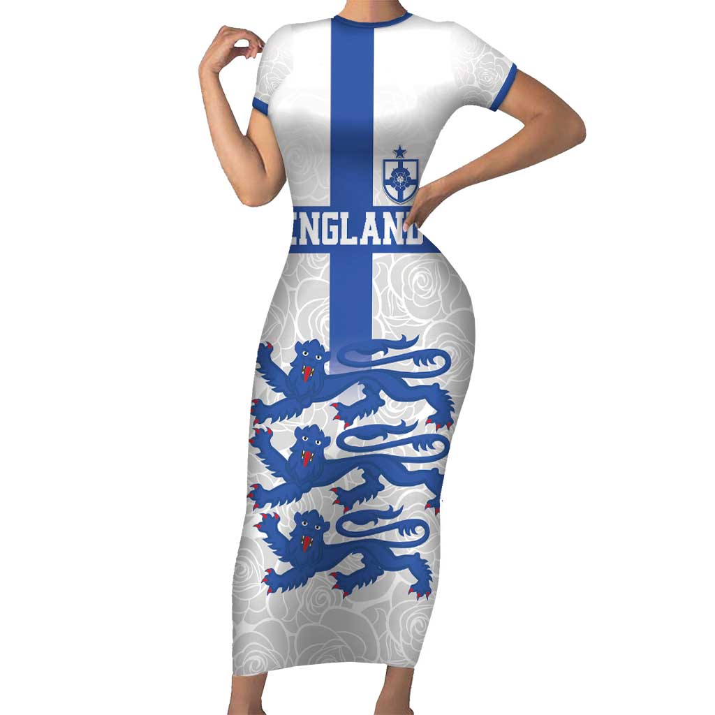 Custom England Fooball Family Matching Short Sleeve Bodycon Dress and Hawaiian Shirt The Three Lions Blue Version