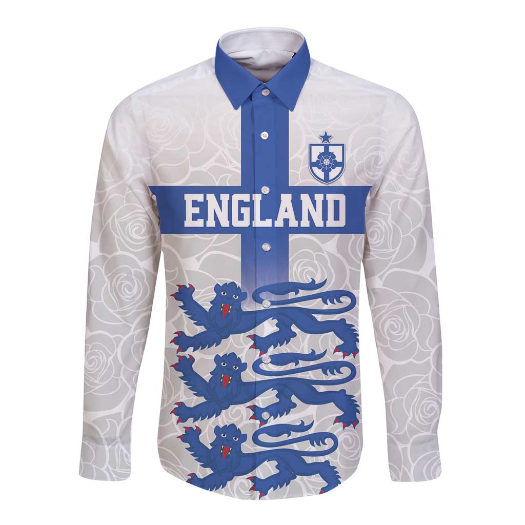 Custom England Fooball Long Sleeve Button Shirt The Three Lions Blue Version