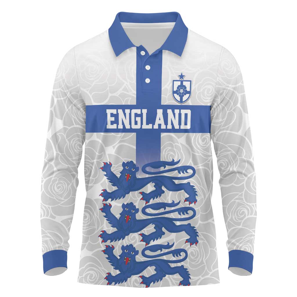Custom England Fooball Long Sleeve Polo Shirt The Three Lions Blue Version