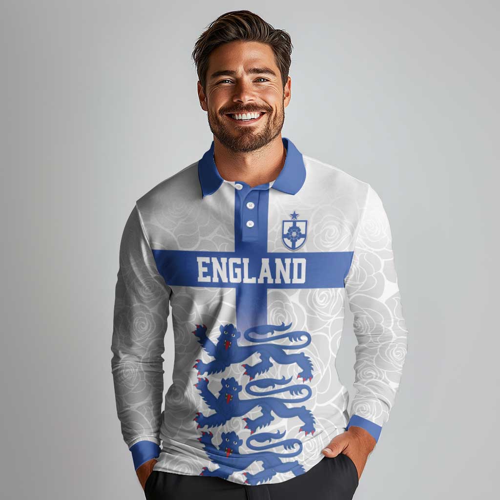 Custom England Fooball Long Sleeve Polo Shirt The Three Lions Blue Version