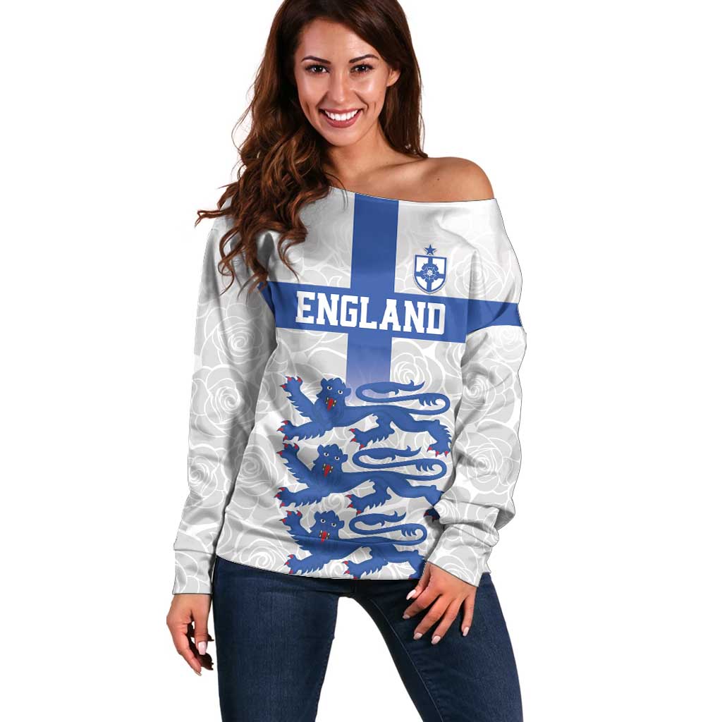Custom England Fooball Off Shoulder Sweater The Three Lions Blue Version