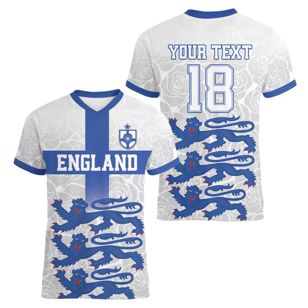 Custom England Fooball Women V-Neck T-Shirt The Three Lions Blue Version