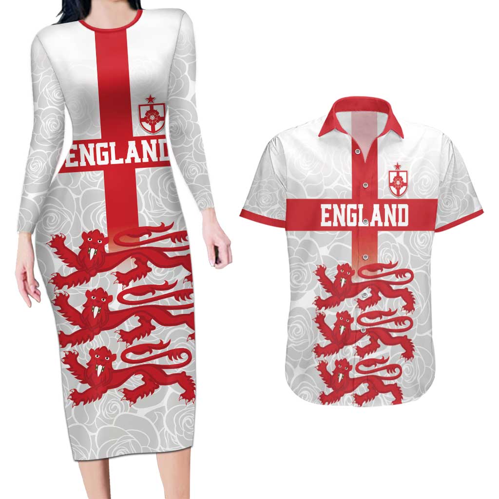 Custom England Fooball Couples Matching Long Sleeve Bodycon Dress and Hawaiian Shirt The Three Lions Red Version