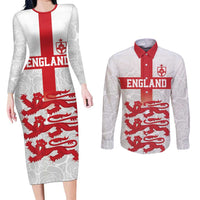Custom England Fooball Couples Matching Long Sleeve Bodycon Dress and Long Sleeve Button Shirt The Three Lions Red Version