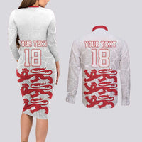 Custom England Fooball Couples Matching Long Sleeve Bodycon Dress and Long Sleeve Button Shirt The Three Lions Red Version