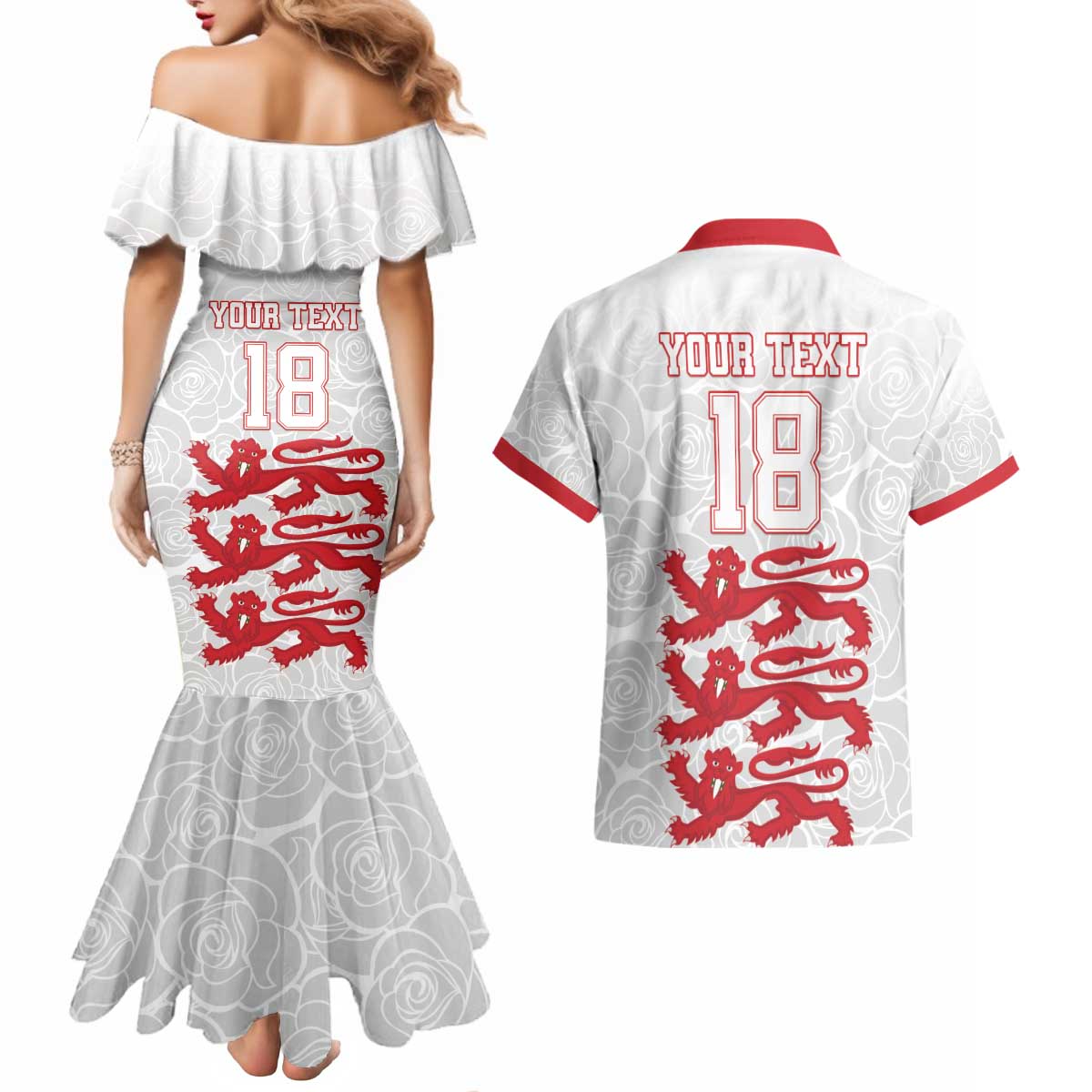 Custom England Fooball Couples Matching Mermaid Dress and Hawaiian Shirt The Three Lions Red Version