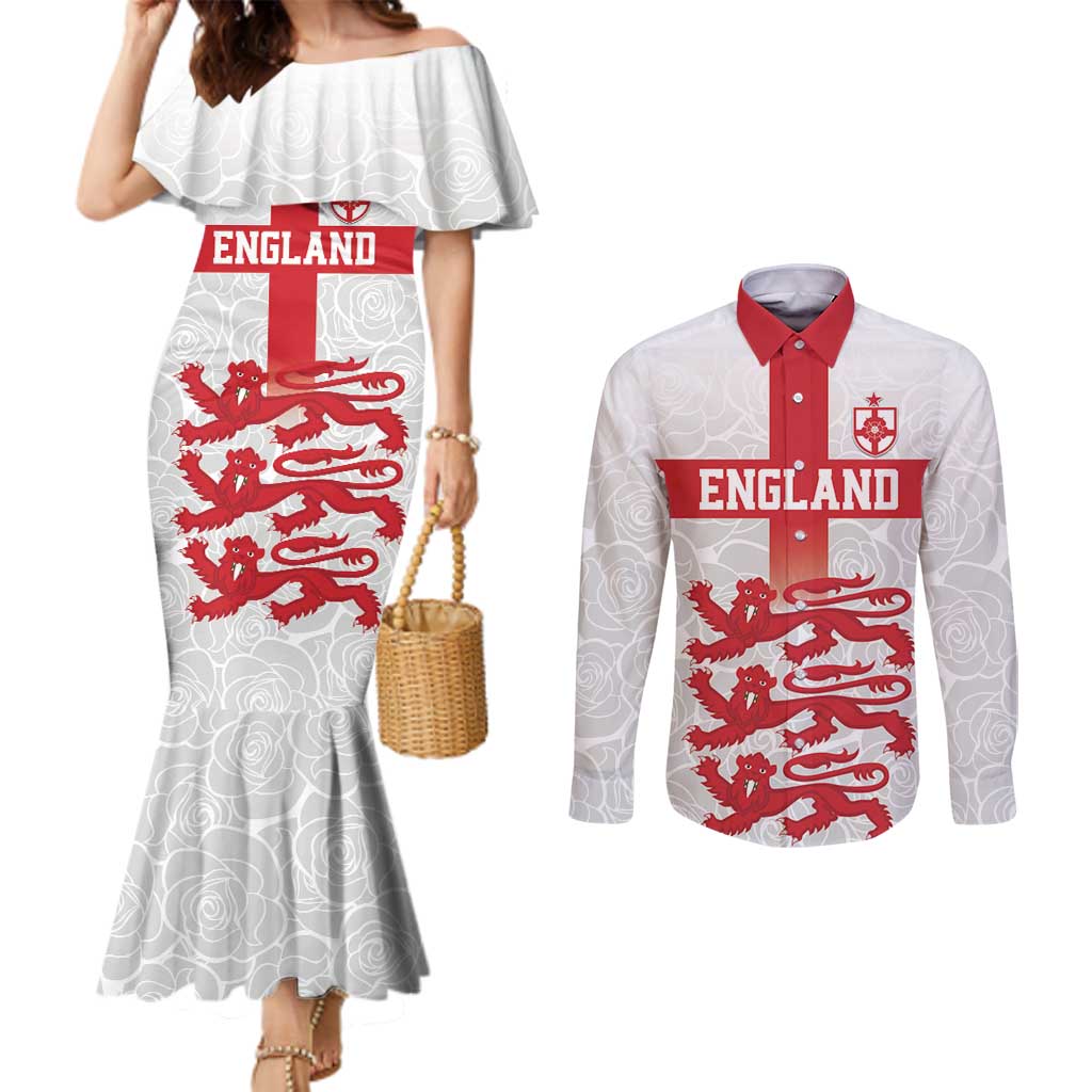Custom England Fooball Couples Matching Mermaid Dress and Long Sleeve Button Shirt The Three Lions Red Version