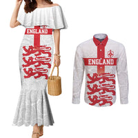 Custom England Fooball Couples Matching Mermaid Dress and Long Sleeve Button Shirt The Three Lions Red Version