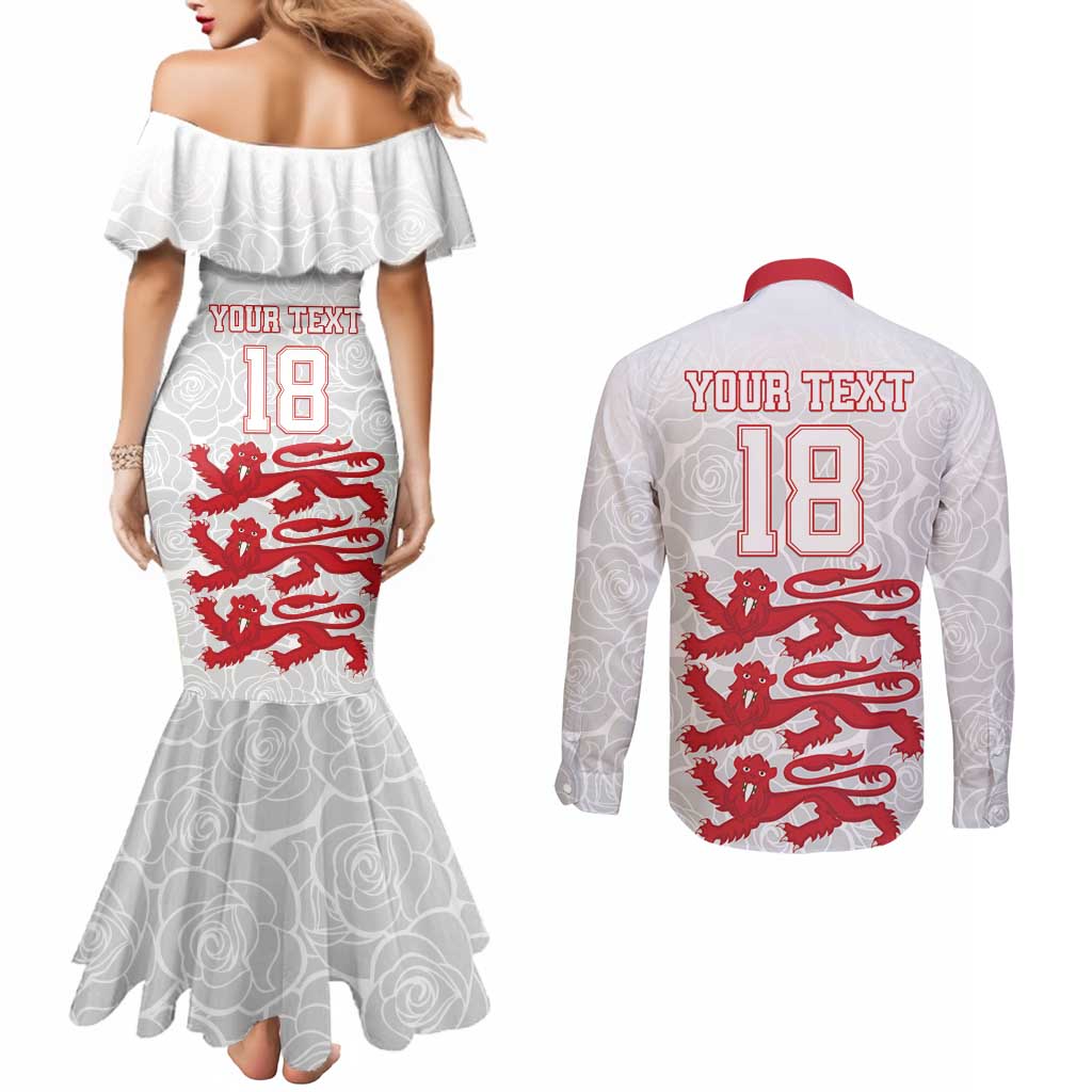 Custom England Fooball Couples Matching Mermaid Dress and Long Sleeve Button Shirt The Three Lions Red Version