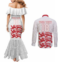 Custom England Fooball Couples Matching Mermaid Dress and Long Sleeve Button Shirt The Three Lions Red Version