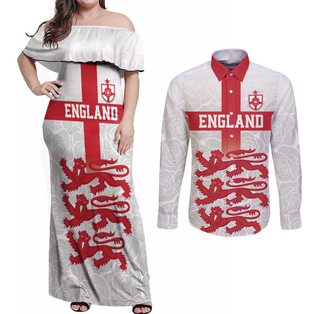 Custom England Fooball Couples Matching Off Shoulder Maxi Dress and Long Sleeve Button Shirt The Three Lions Red Version