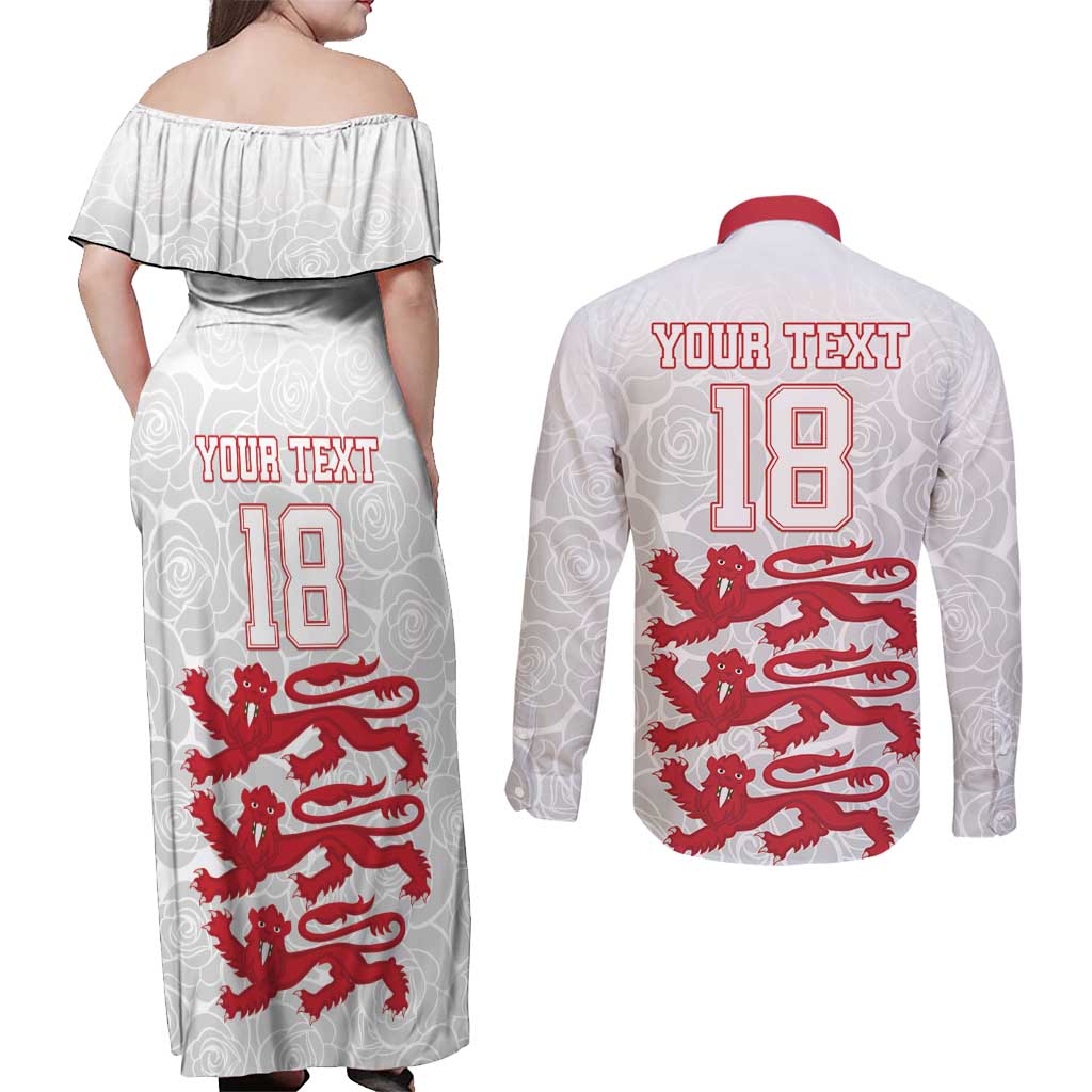 Custom England Fooball Couples Matching Off Shoulder Maxi Dress and Long Sleeve Button Shirt The Three Lions Red Version