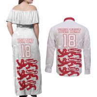 Custom England Fooball Couples Matching Off Shoulder Maxi Dress and Long Sleeve Button Shirt The Three Lions Red Version