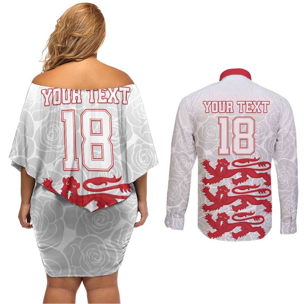 Custom England Fooball Couples Matching Off Shoulder Short Dress and Long Sleeve Button Shirt The Three Lions Red Version