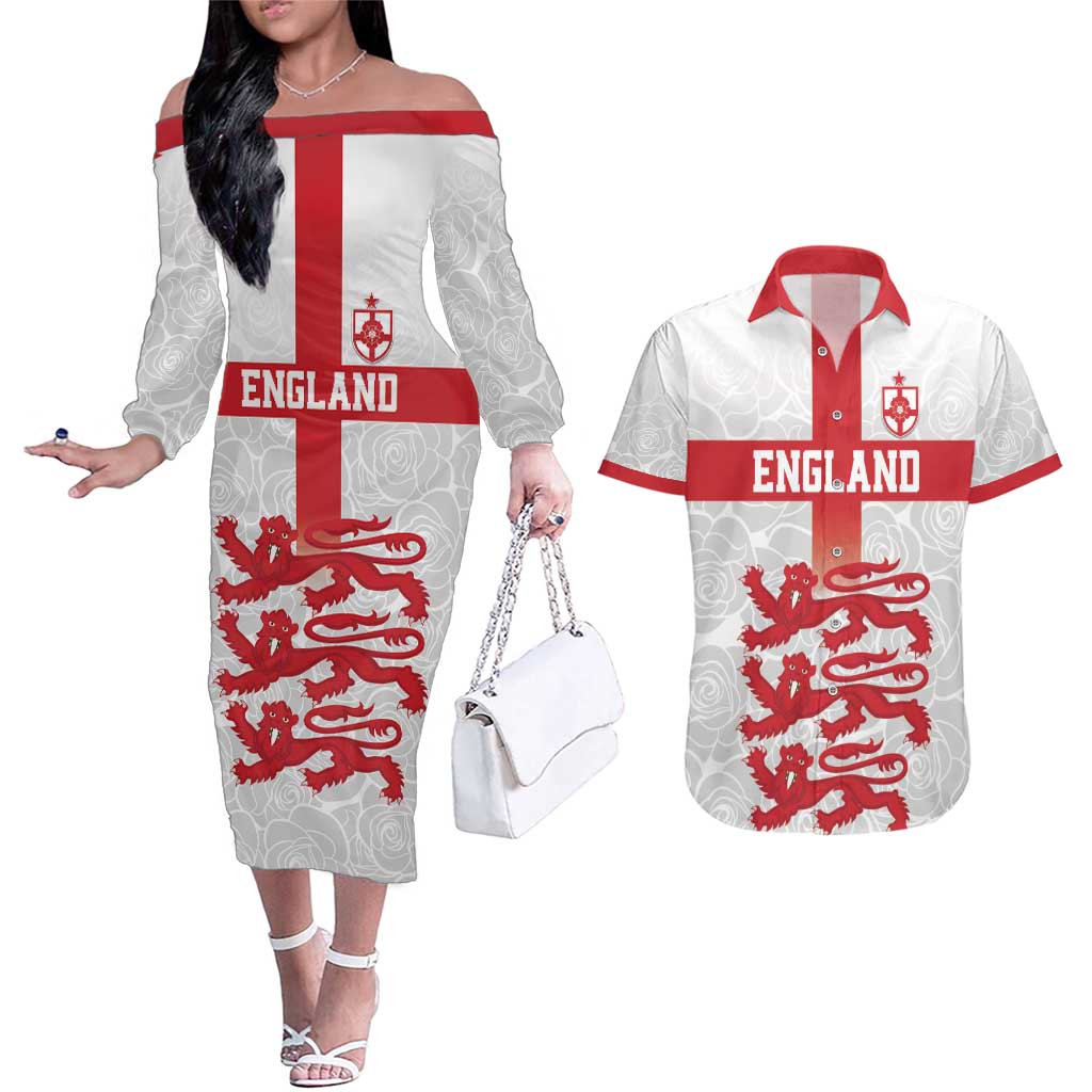 Custom England Fooball Couples Matching Off The Shoulder Long Sleeve Dress and Hawaiian Shirt The Three Lions Red Version