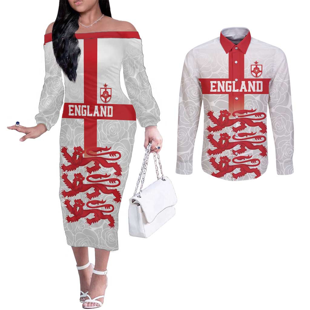 Custom England Fooball Couples Matching Off The Shoulder Long Sleeve Dress and Long Sleeve Button Shirt The Three Lions Red Version