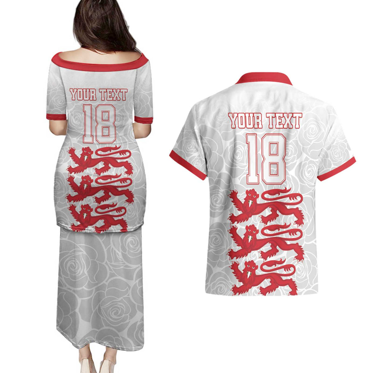 Custom England Fooball Couples Matching Puletasi and Hawaiian Shirt The Three Lions Red Version