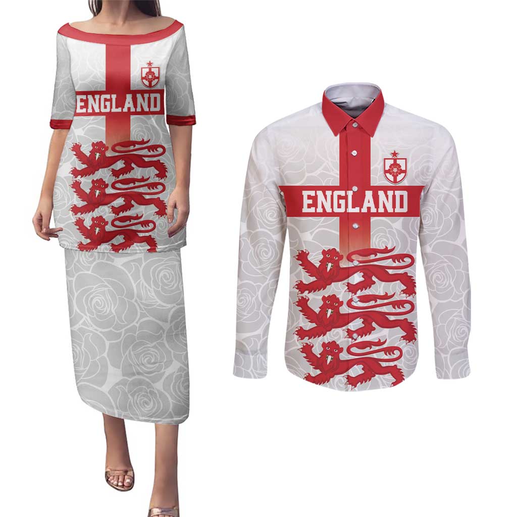 Custom England Fooball Couples Matching Puletasi and Long Sleeve Button Shirt The Three Lions Red Version