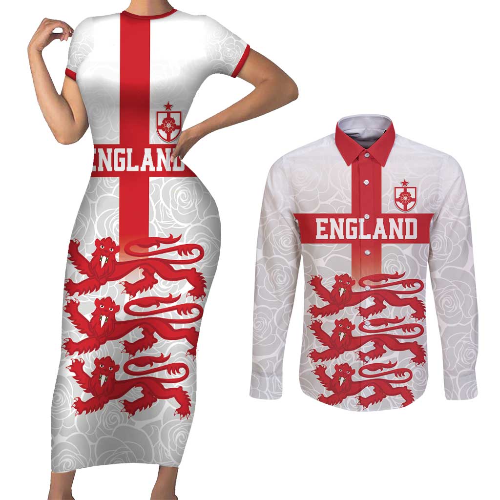 Custom England Fooball Couples Matching Short Sleeve Bodycon Dress and Long Sleeve Button Shirt The Three Lions Red Version