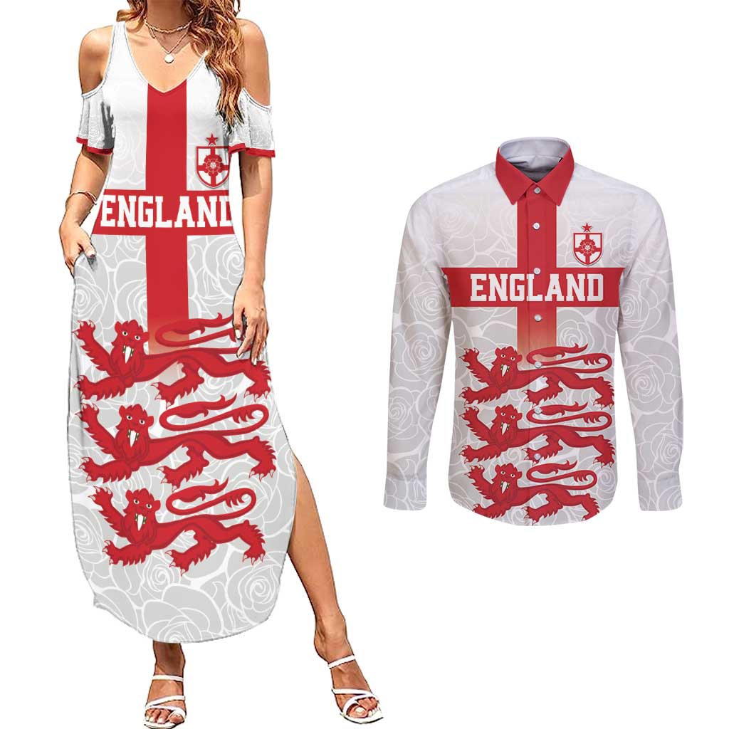 Custom England Fooball Couples Matching Summer Maxi Dress and Long Sleeve Button Shirt The Three Lions Red Version
