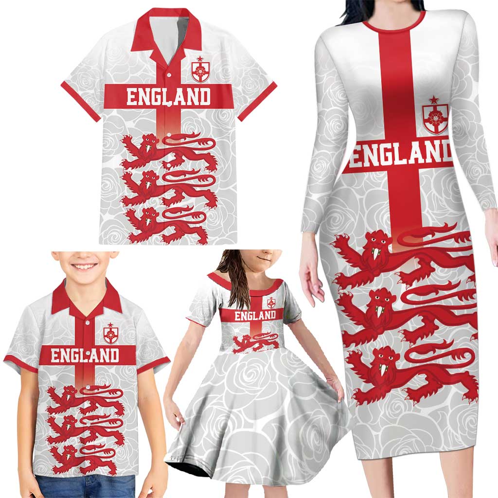 Custom England Fooball Family Matching Long Sleeve Bodycon Dress and Hawaiian Shirt The Three Lions Red Version