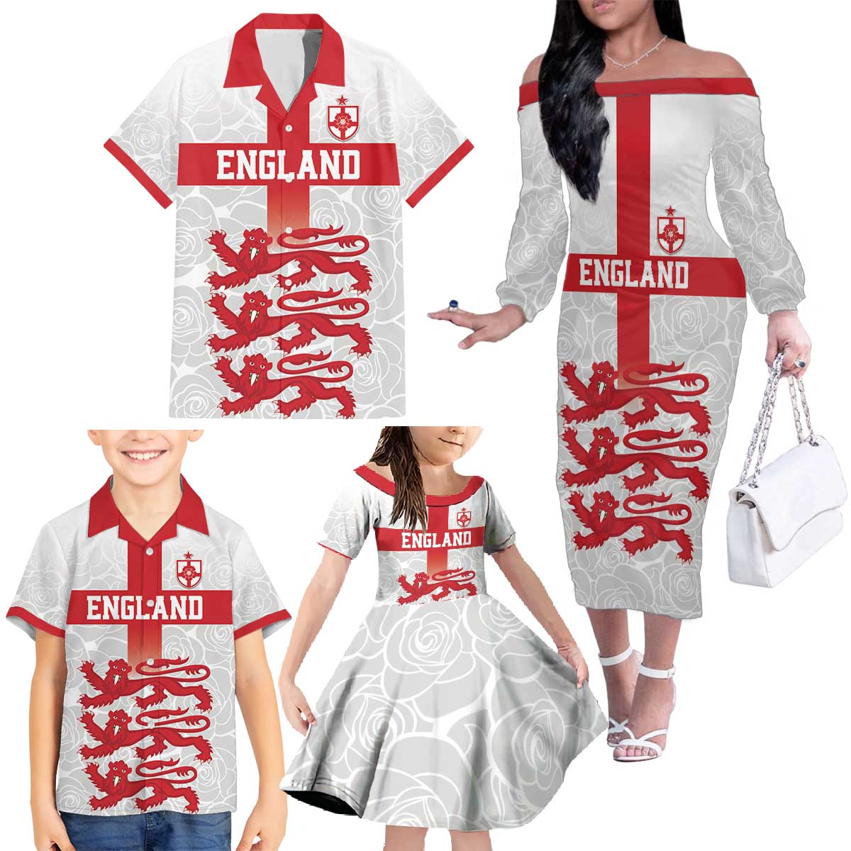 Custom England Fooball Family Matching Off The Shoulder Long Sleeve Dress and Hawaiian Shirt The Three Lions Red Version