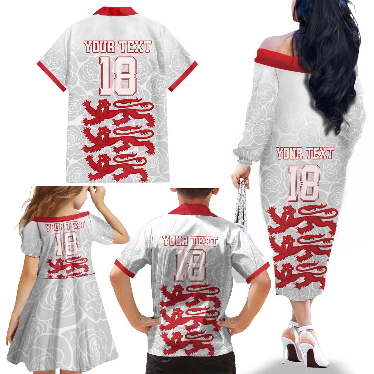 Custom England Fooball Family Matching Off The Shoulder Long Sleeve Dress and Hawaiian Shirt The Three Lions Red Version