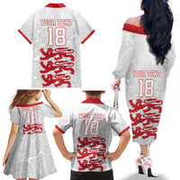 Custom England Fooball Family Matching Off The Shoulder Long Sleeve Dress and Hawaiian Shirt The Three Lions Red Version