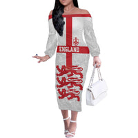 Custom England Fooball Family Matching Off The Shoulder Long Sleeve Dress and Hawaiian Shirt The Three Lions Red Version