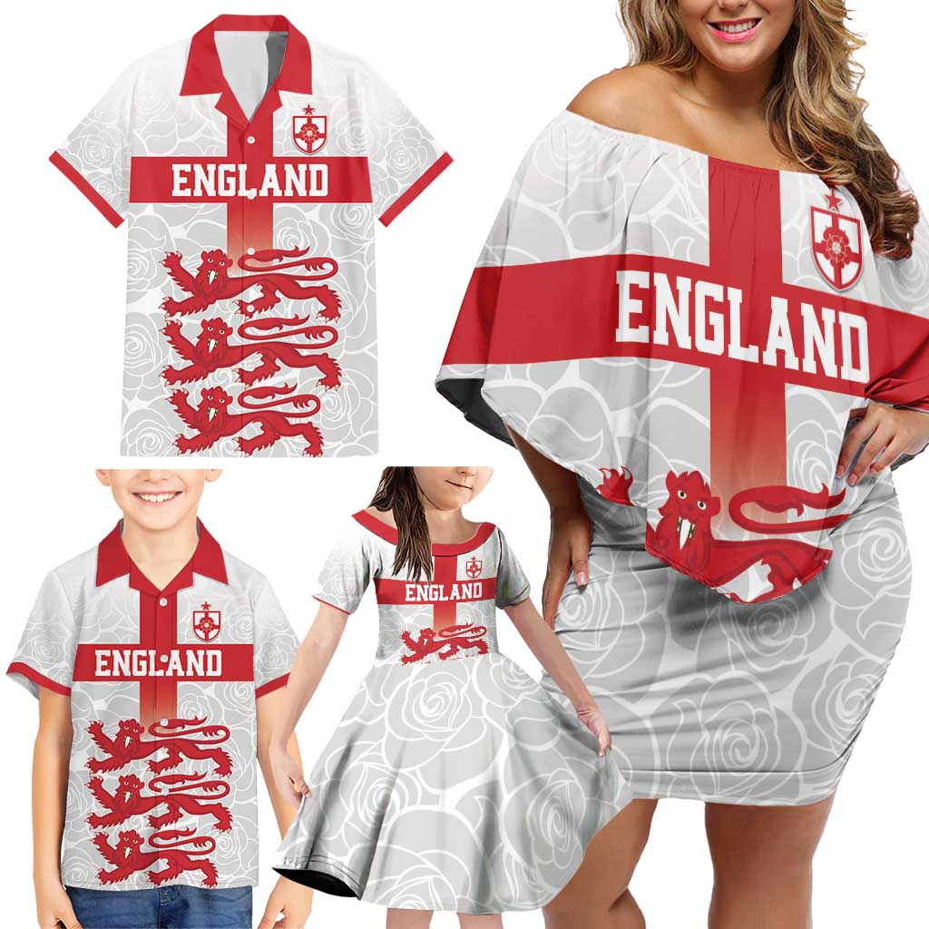 Custom England Fooball Family Matching Off Shoulder Short Dress and Hawaiian Shirt The Three Lions Red Version