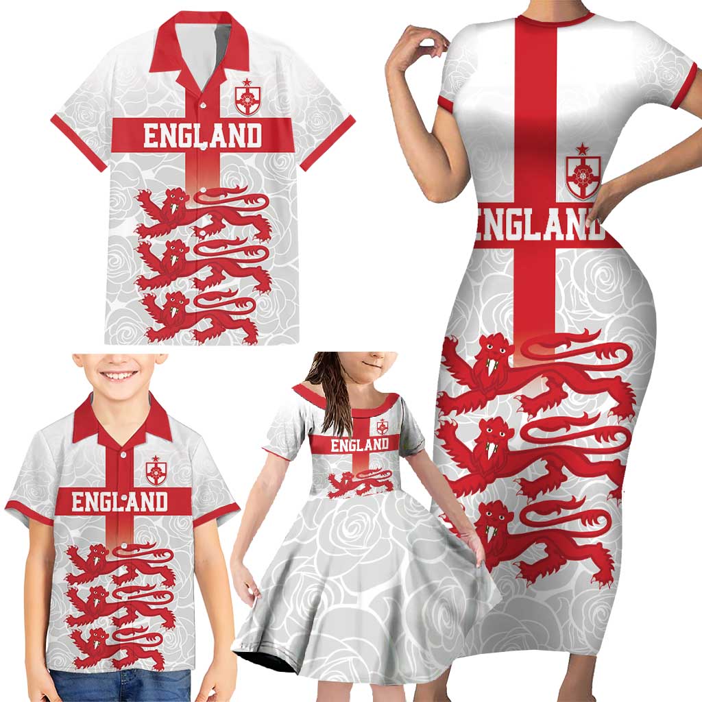Custom England Fooball Family Matching Short Sleeve Bodycon Dress and Hawaiian Shirt The Three Lions Red Version