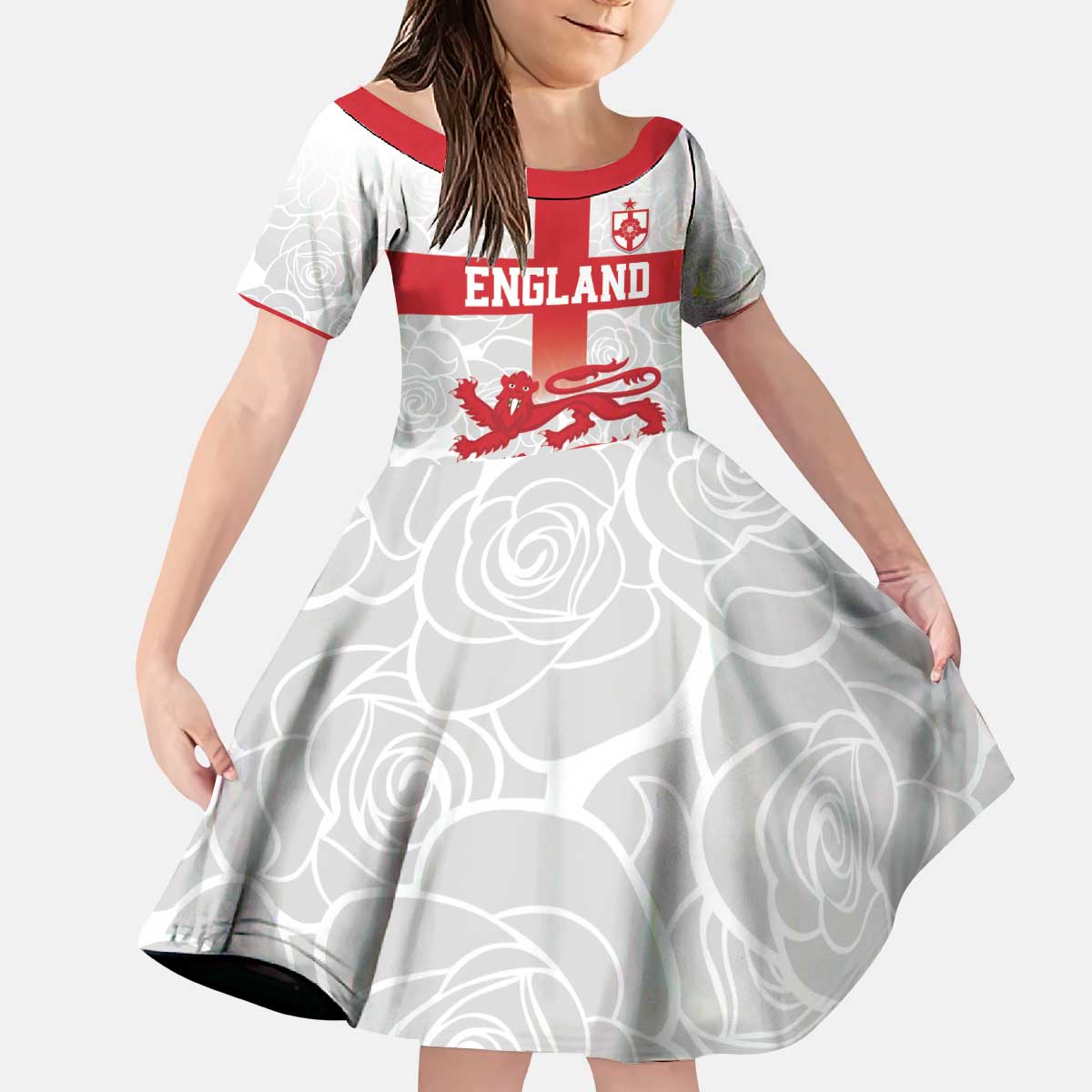 Custom England Fooball Kid Short Sleeve Dress The Three Lions Red Version