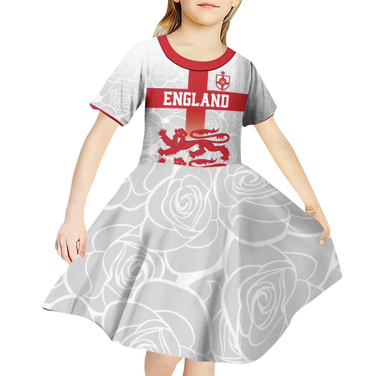 Custom England Fooball Kid Short Sleeve Dress The Three Lions Red Version