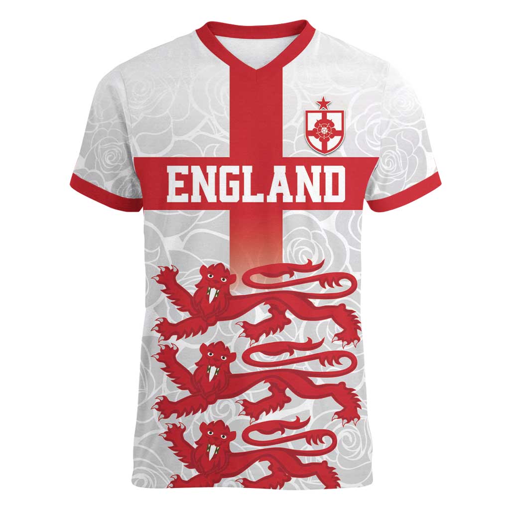 Custom England Fooball Women V-Neck T-Shirt The Three Lions Red Version
