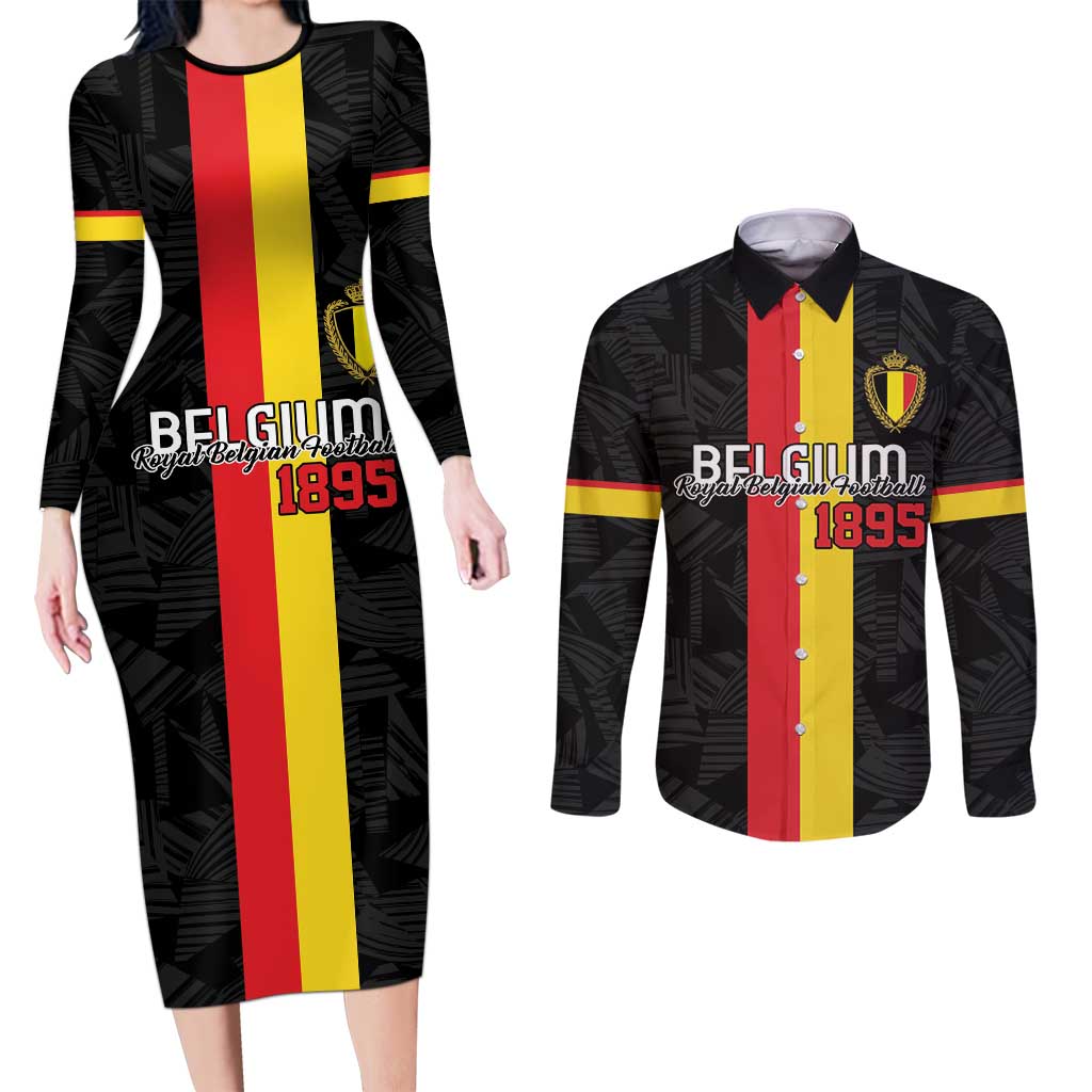 Custom Belgium Football Couples Matching Long Sleeve Bodycon Dress and Long Sleeve Button Shirt De Rode Duivels
