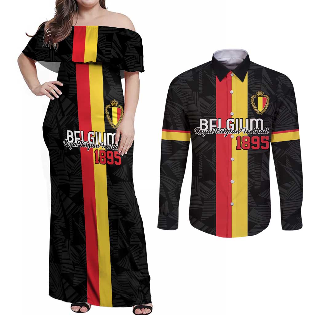 Custom Belgium Football Couples Matching Off Shoulder Maxi Dress and Long Sleeve Button Shirt De Rode Duivels