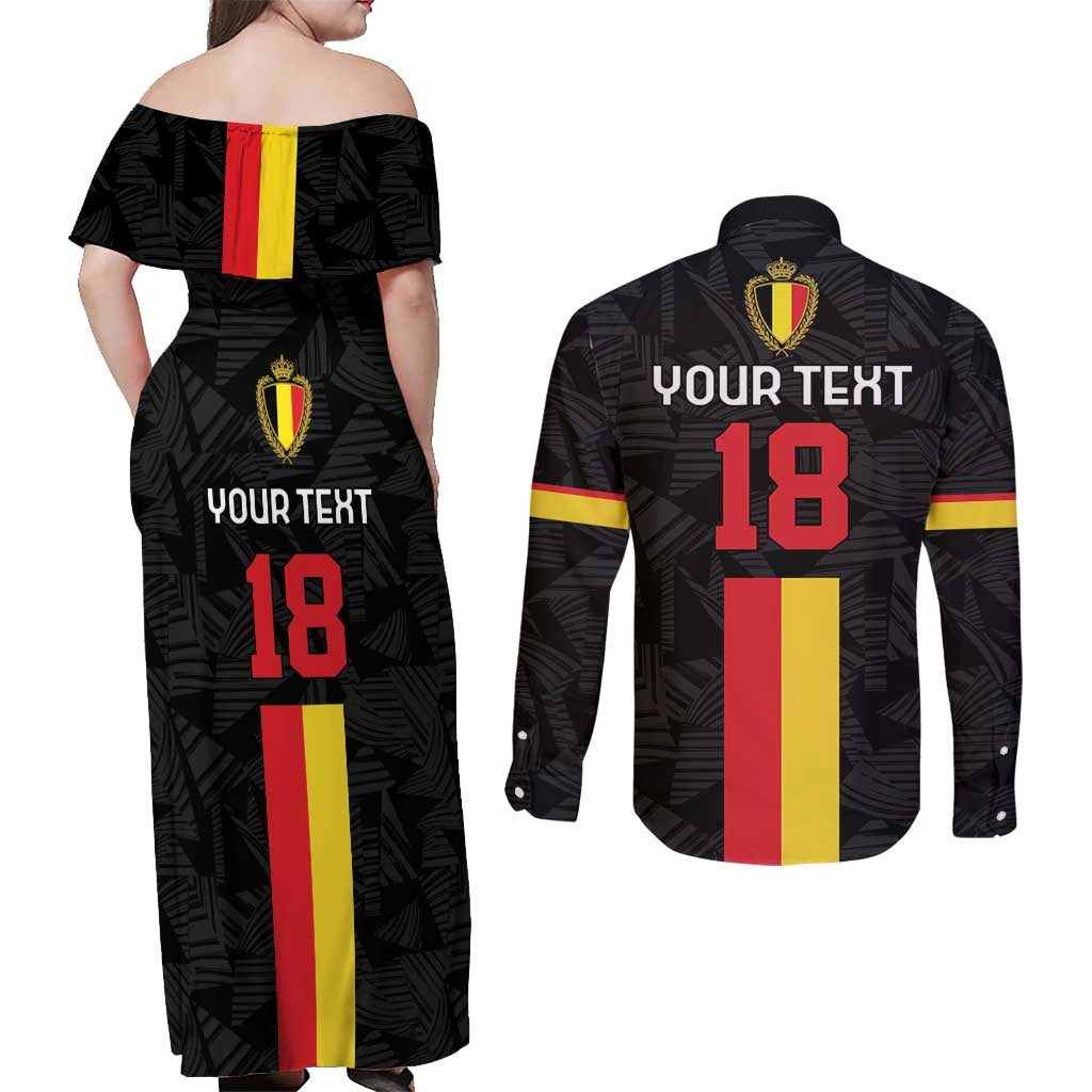 Custom Belgium Football Couples Matching Off Shoulder Maxi Dress and Long Sleeve Button Shirt De Rode Duivels