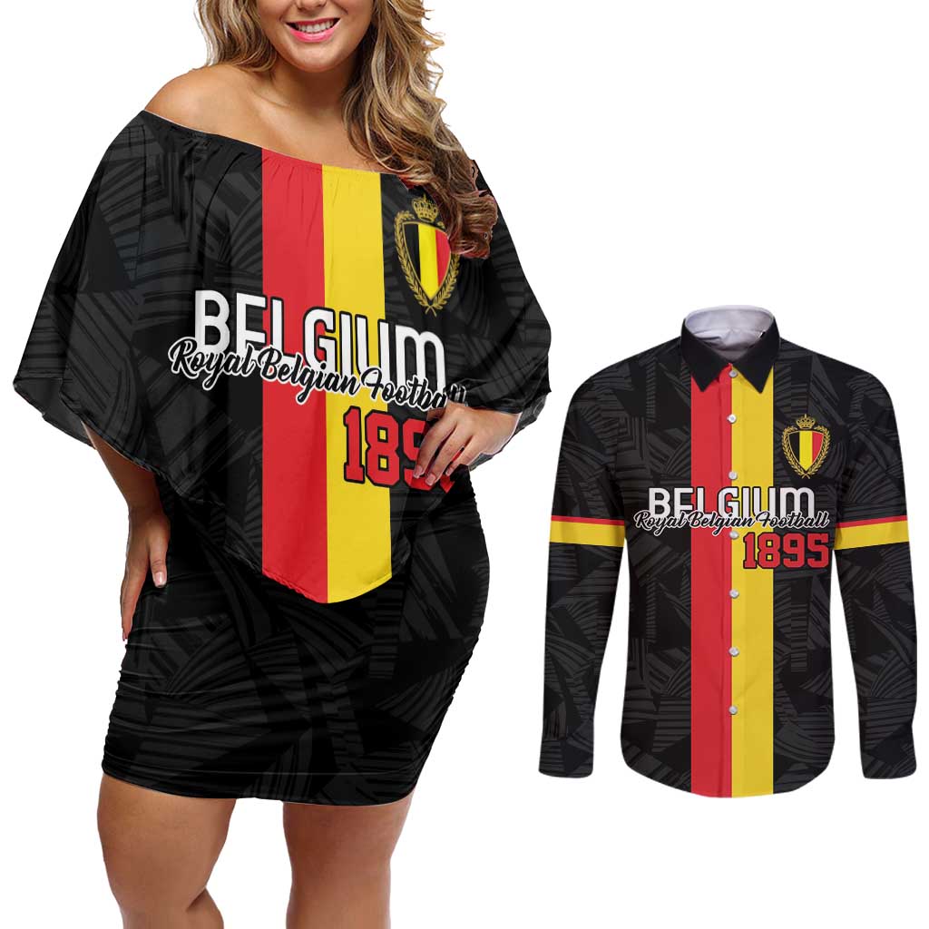 Custom Belgium Football Couples Matching Off Shoulder Short Dress and Long Sleeve Button Shirt De Rode Duivels