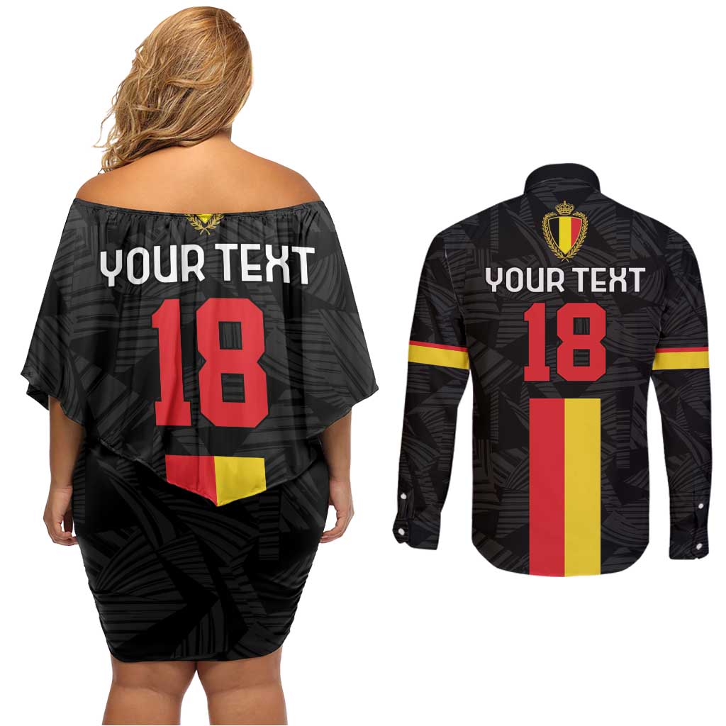 Custom Belgium Football Couples Matching Off Shoulder Short Dress and Long Sleeve Button Shirt De Rode Duivels